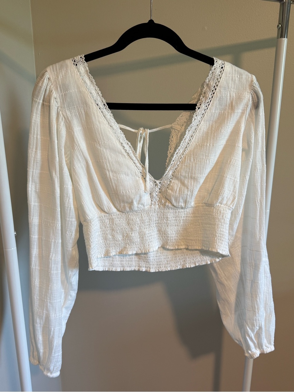 Aeropostale White Lace-Trim Smocked V-Neck Crop Top
